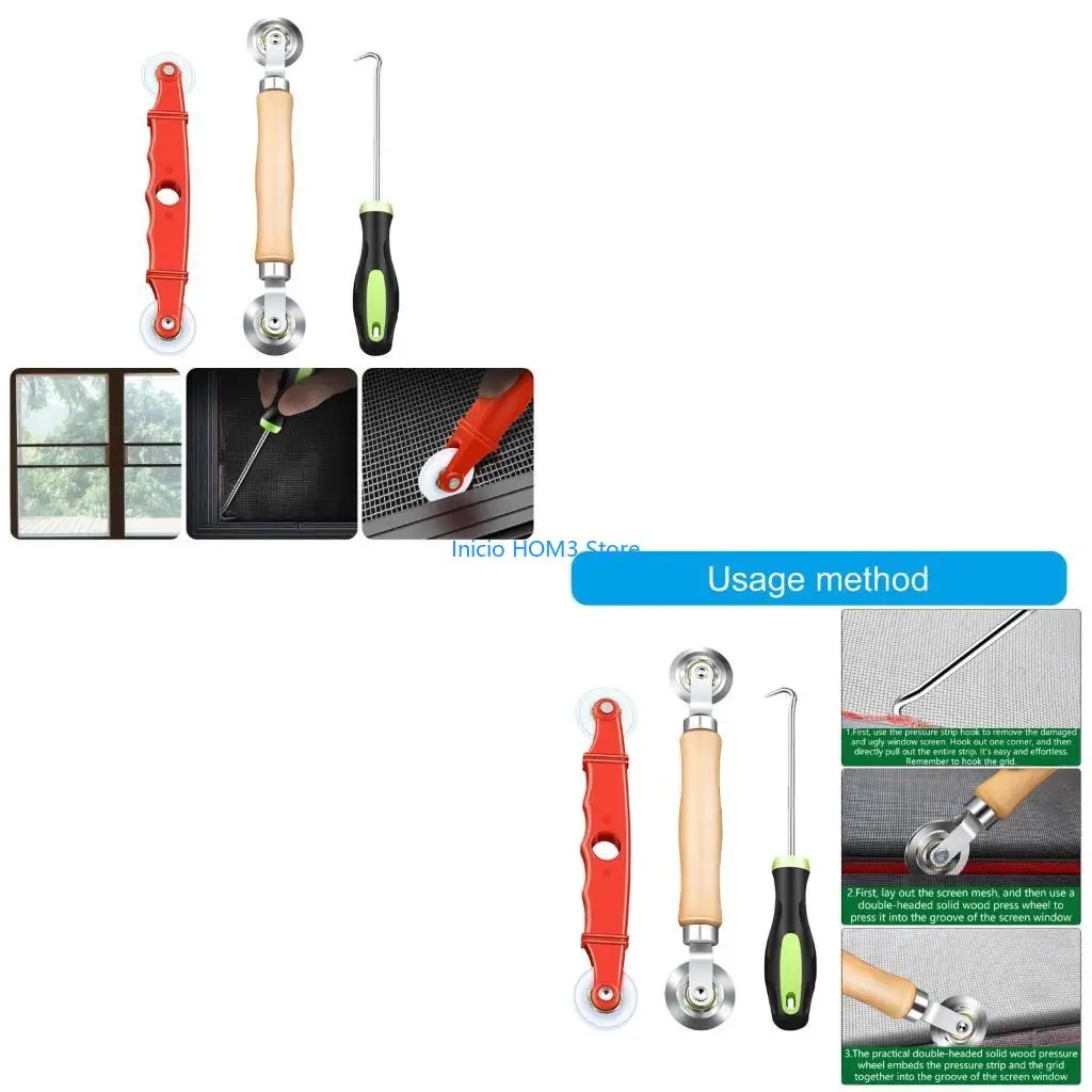 

A5YD Heavy Duty Spline Installation 3 Tool With Rubber Strips Hook And Ergonomic Wooden Handle For Insect Screen Maintenance