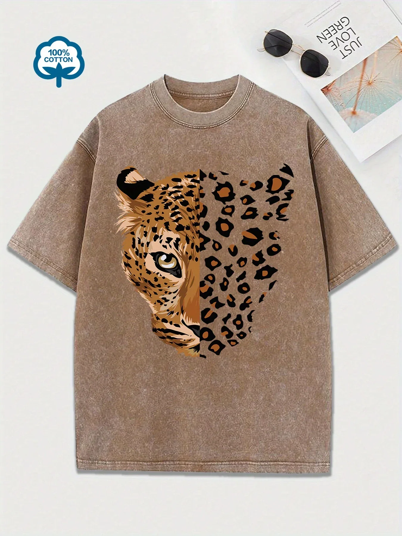 Washed Cotton T-shirt Women's Leopard Tiger Cartoon Print Short Sleeve T Shirt Graphic Tee Round Neck Top Casual Vintage