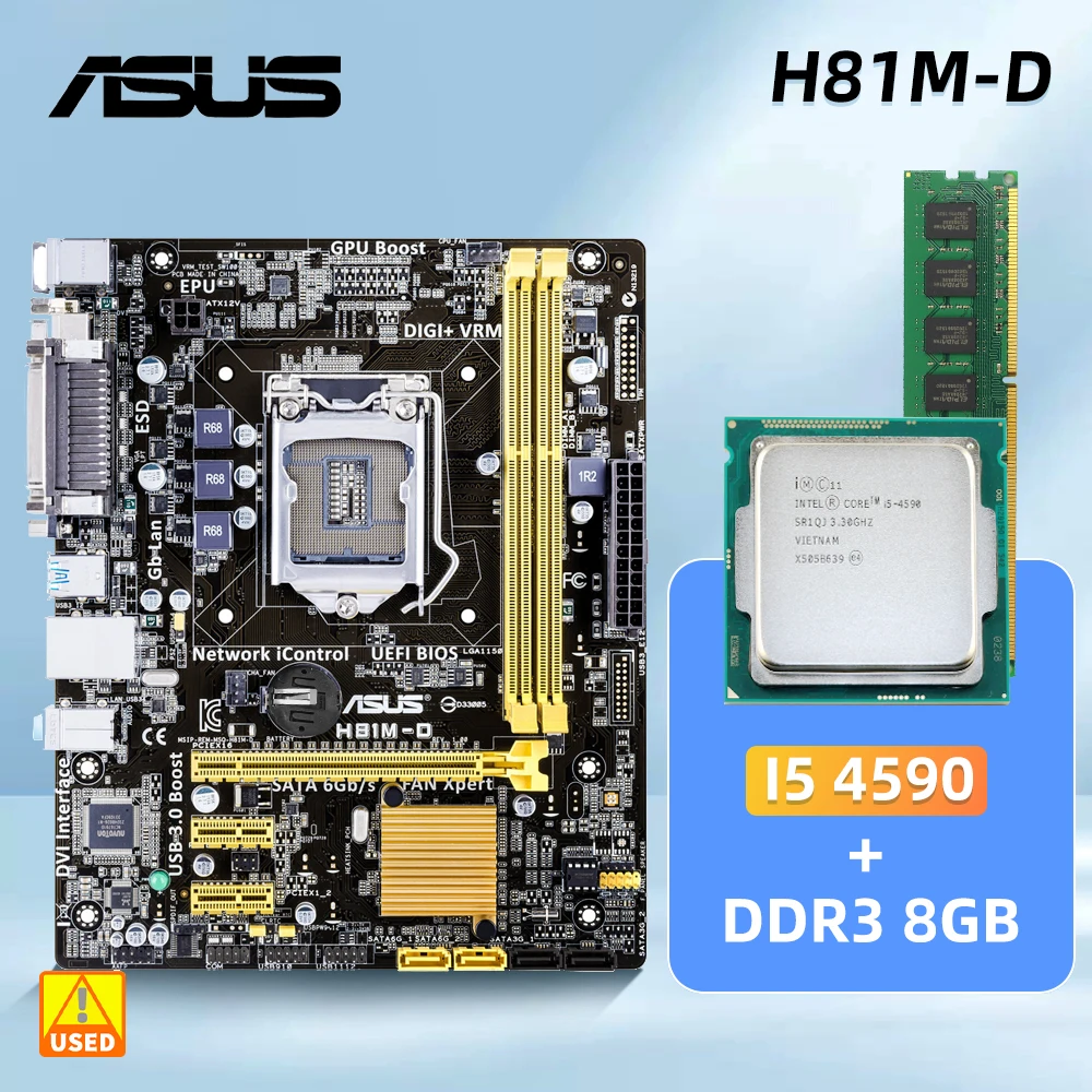 ASUS H81M-D Motherboard +Core i5 4590+8G DDR3 1150 Motherboard Intel H81USB3.0 PCI-E 2.0 DVI VGA Micro ATX