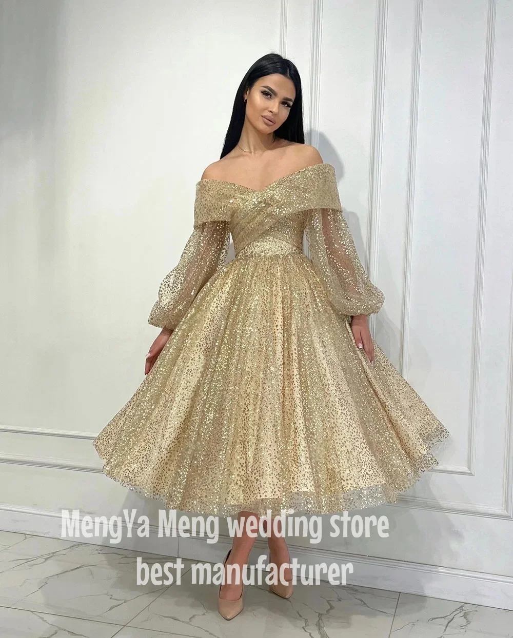 

ZHUISHU Блестящие платья миди для выпускного вечера с открытыми плечами и пышными рукавами, вечернее платье для выпускного вечера для женщин, бальное платье, торжественное вечернее платье