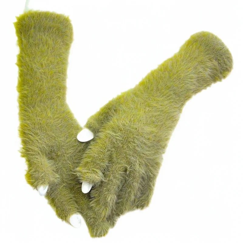 Women\'s Touch Screen Open Gloves in Autumn and Winter Long Cuff Hair Plush Gloves Green