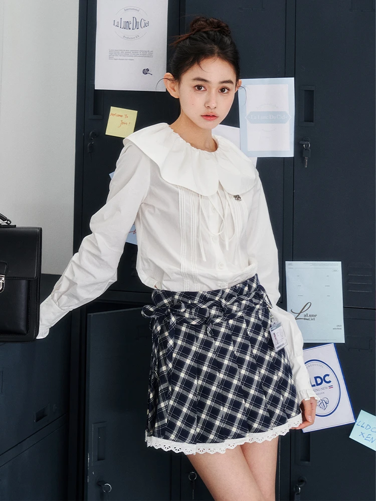 

Loose Cotton Gored Doll Collar Shirt Women's Vintage Style Tuck Line Long Sleeve Pure Color Casual Fashion Spring Shirt