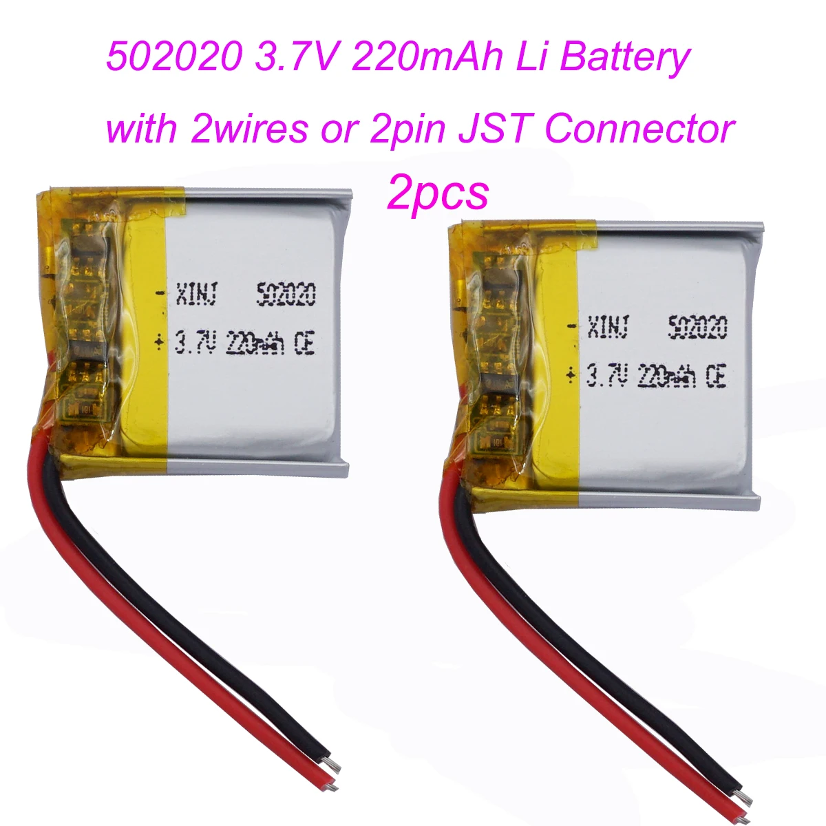 2pcs 3.7V 220mAh 0.81Wh 502020 Rechargeable Li-Polymer Battery JST 2Pin 1.0/1.25/1.5/2.0/2.54mm Plug For GPS Bluetooth Speaker