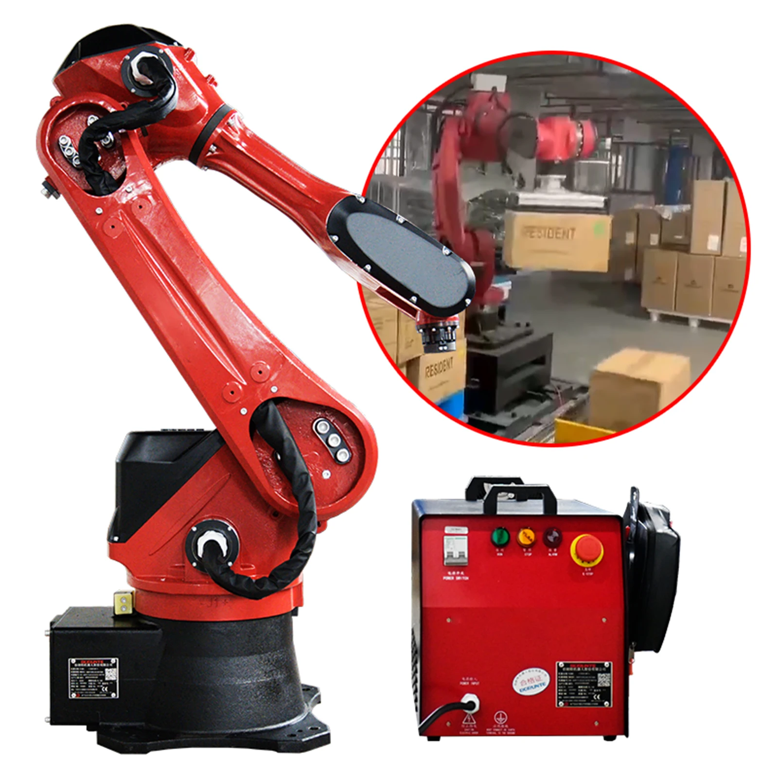 The six-axis robot arm is used to support the MIG welding gun on the assembly line of the automobile factory