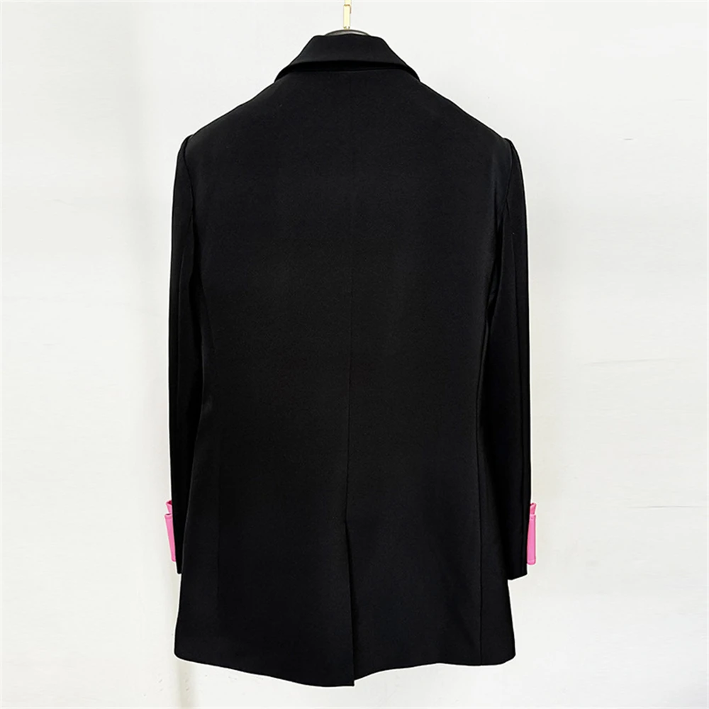 Women Fashion Black Suit Jacket With Pink Bow-tie On Sleeves, 2024 Fashionable Autumn Coat Blazer