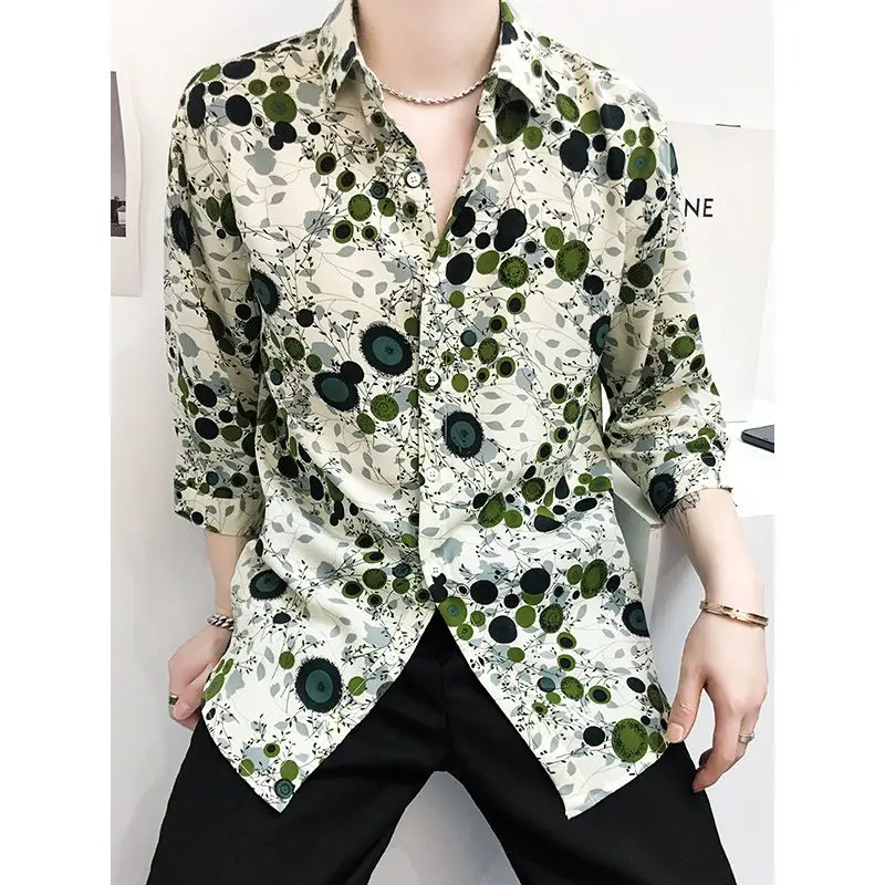 Retro Trendy Summer New Print Men\'s Ice Silk Fabric Single Row Multi Button Fashion Versatile Casual 3/4 Sleeve Shirt Tops