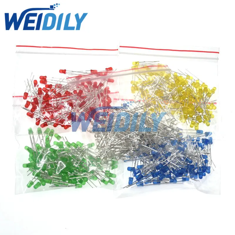 

500PCS 3MM LED Diode Kit Mixed Color Red Green Yellow Blue White LED Light 5 Color Each 100 pieces LED Set