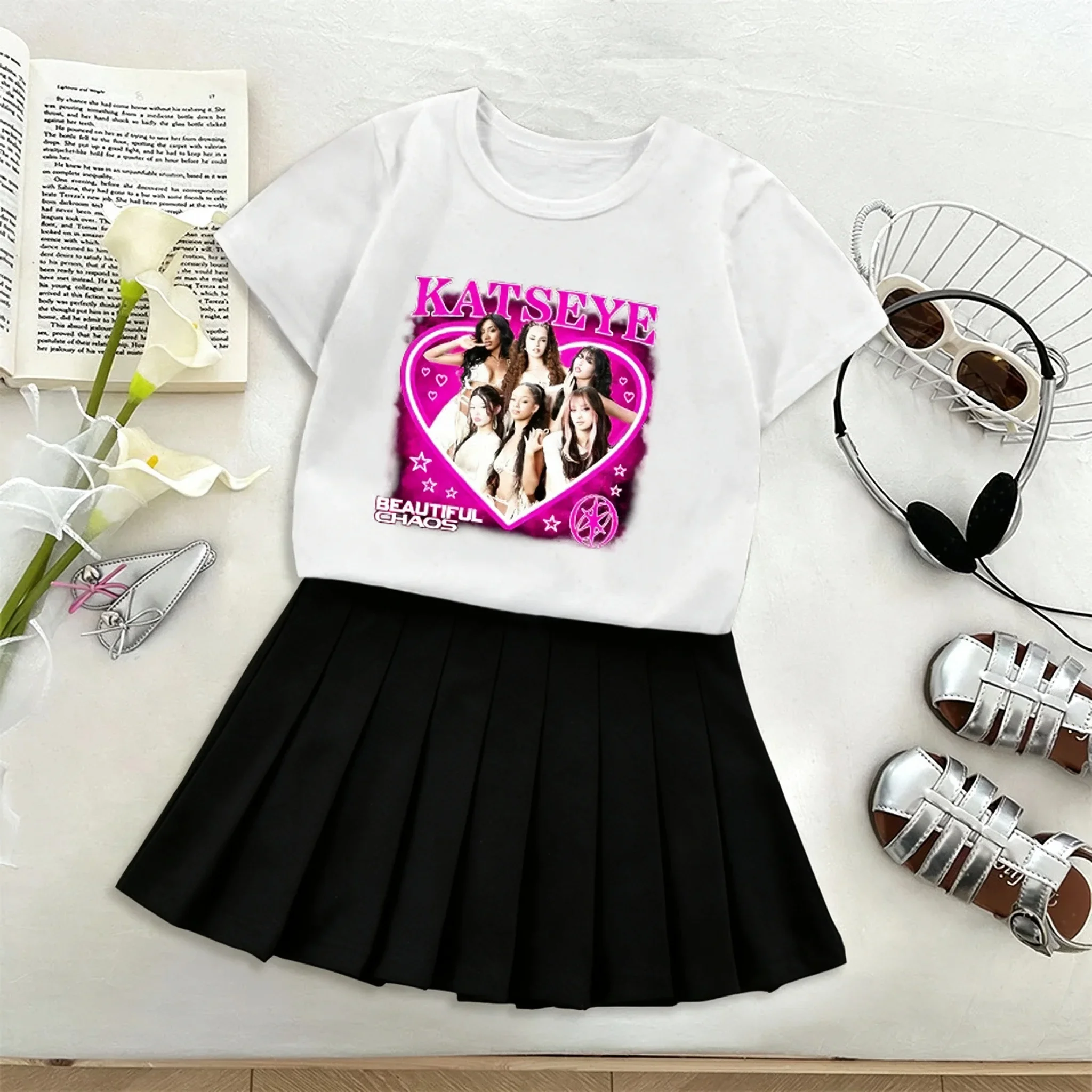 Fashion K POP K-KATSEYE T-shirt Pleated Skirt Set Fashion Love Embroidered Pink Blue Dress Cute Short Sleeve Hip Hop Girls Gifts