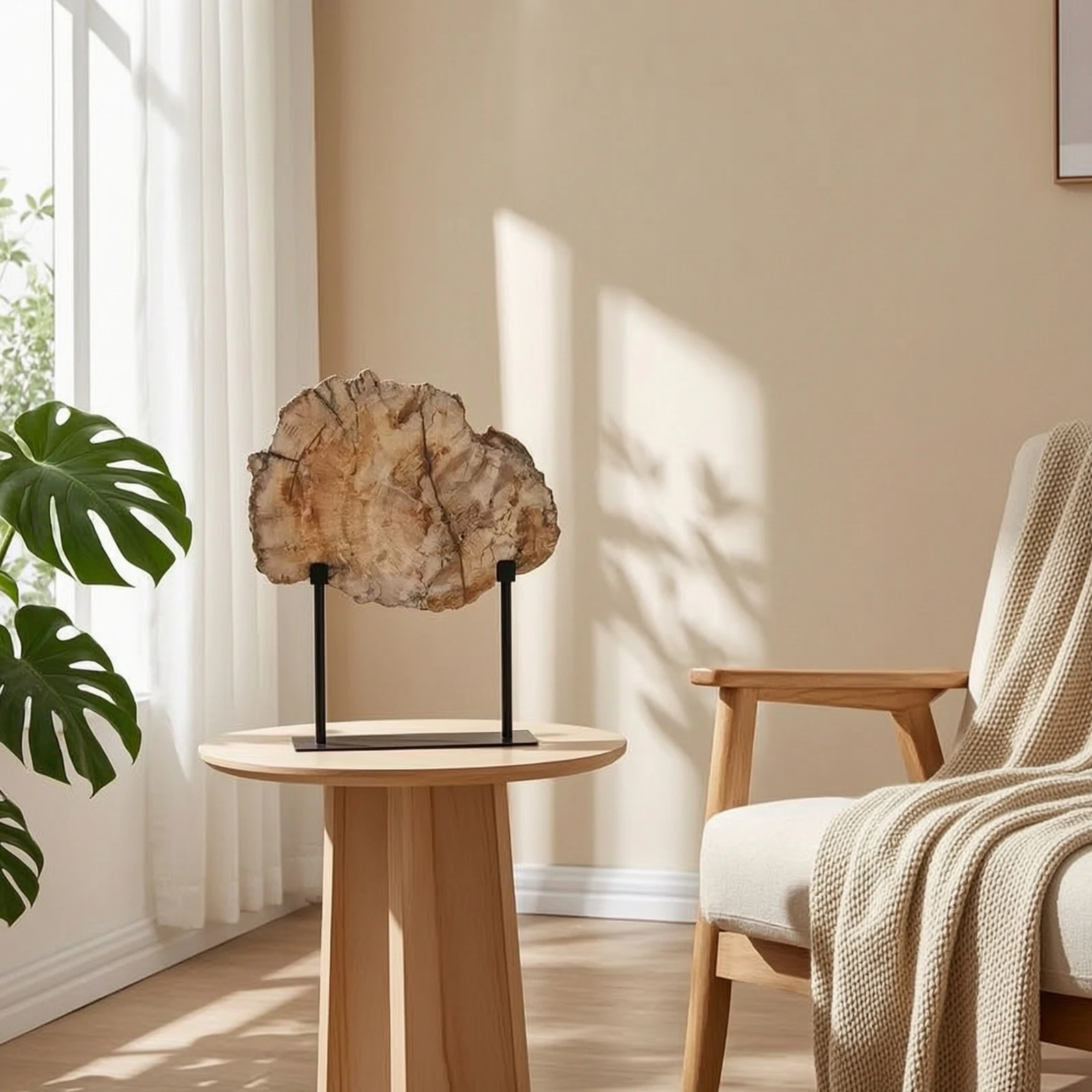 Stone Slice Ornament with Stand Organic Tabletop Sculpture with Metal Stand Decorative Stone Slice Minimalist Understated