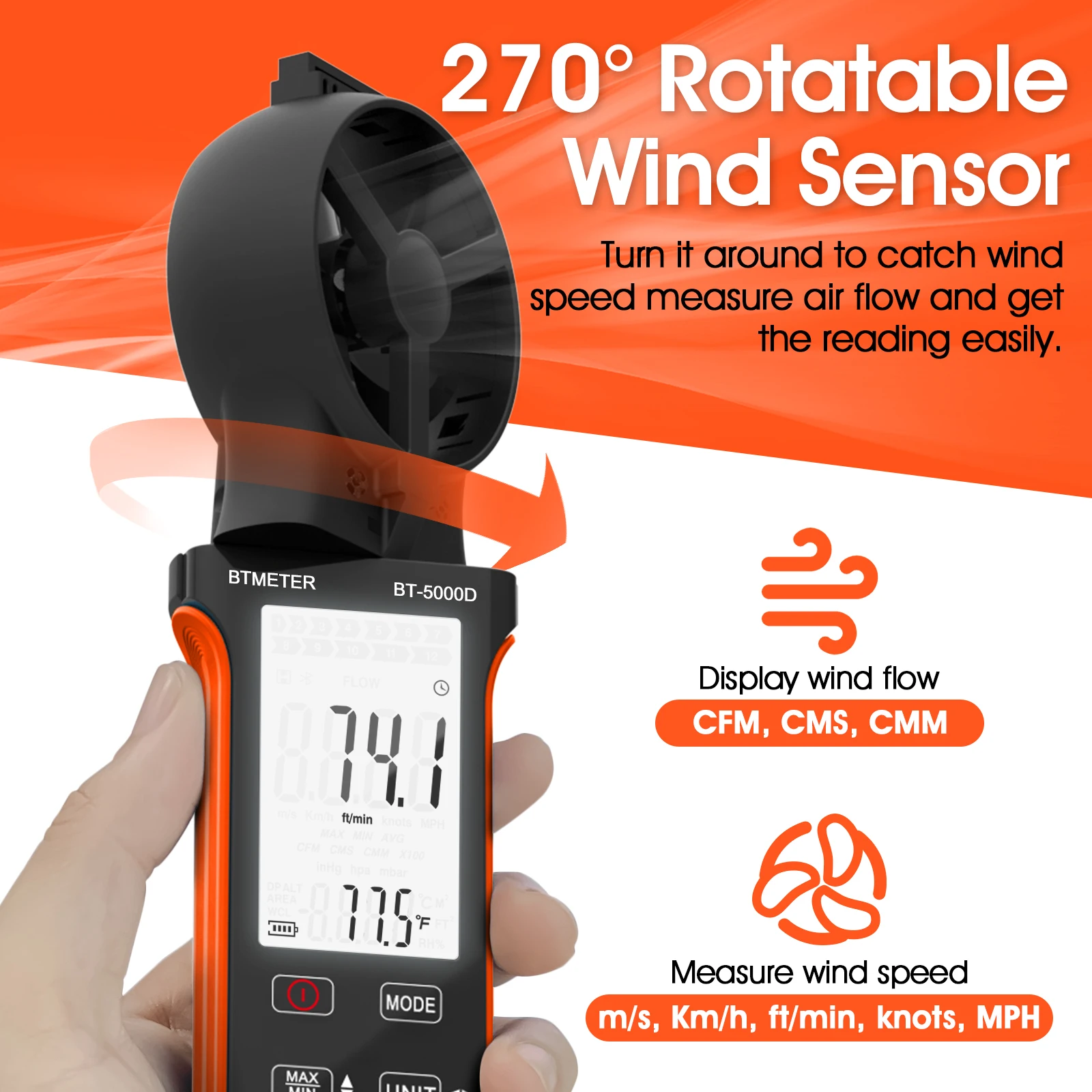 BTMETER Handheld Anemometer,CFM Wind Speed Meter,HVAC Rotatable Wind Air Flow Velocity Wind Volume,Rechargeable Gauge,BT-5000D