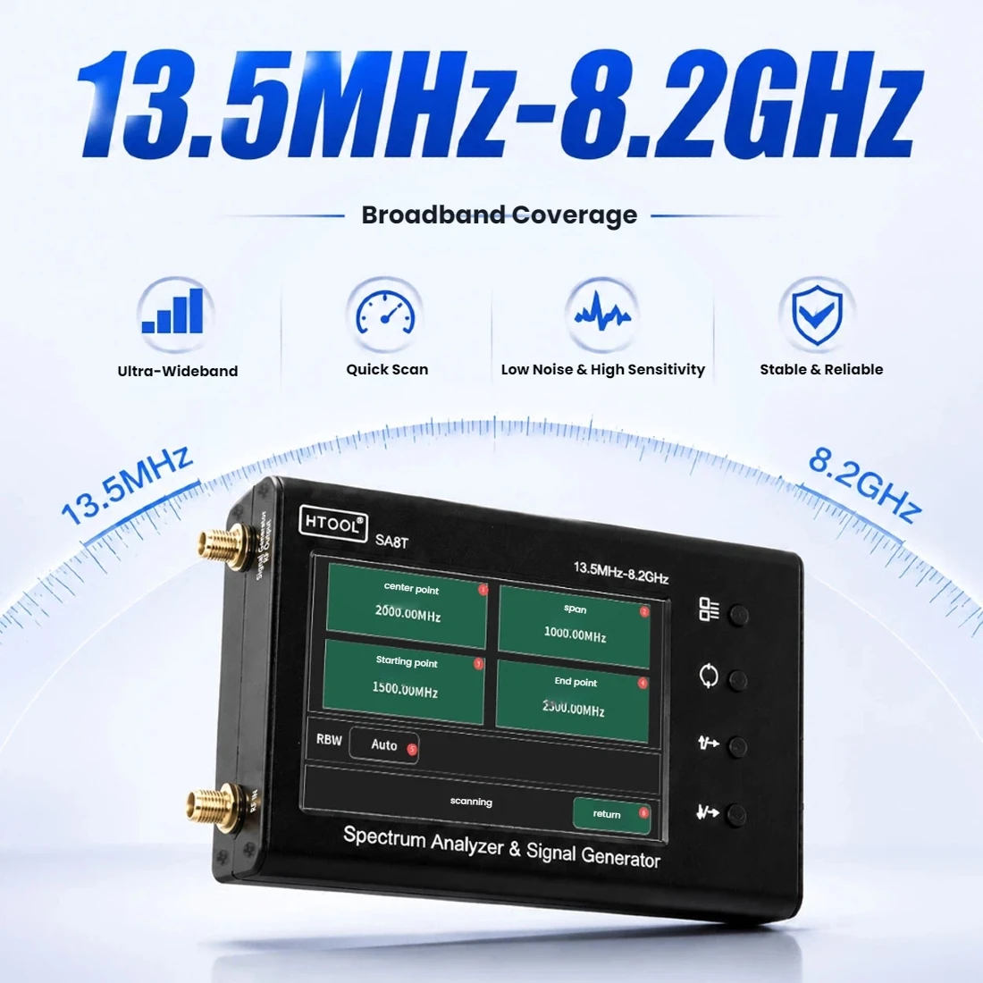 HTOOL-SA8T Handheld Spectrum Analyzer 13.5MHz-8.2GHz Signal Source -105dBm S21 Measurement for RF Testing