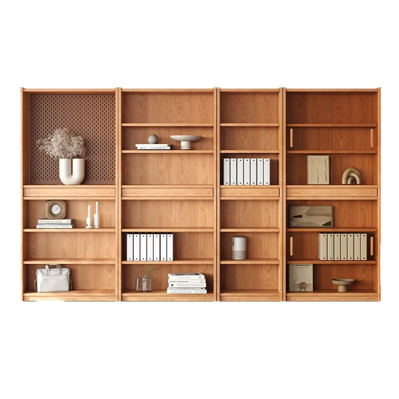 

Solid Wood Oak Card Seat Bookcase Combination Background Wall Floor Integrated To Top Bookshelf