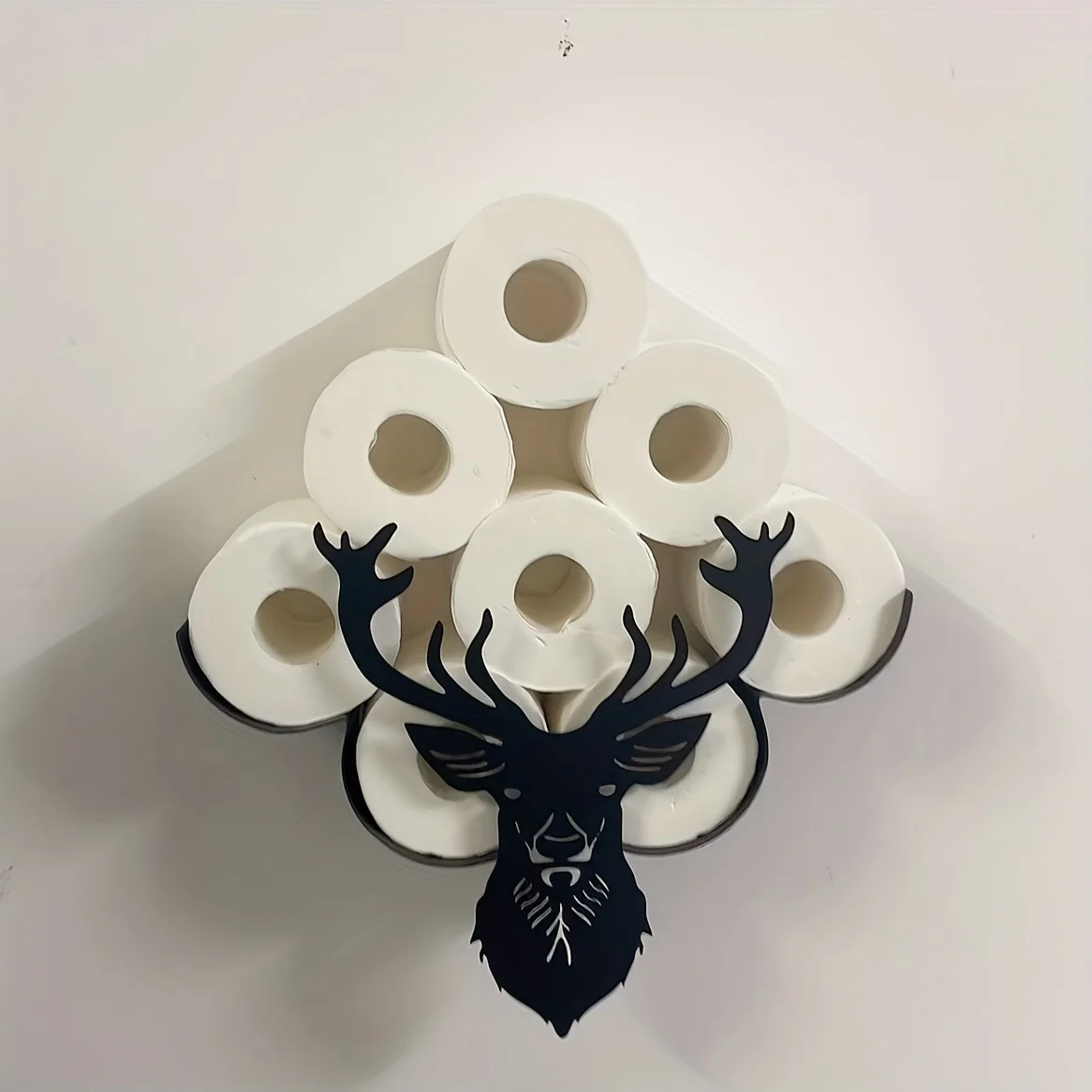 

Wall-Mounted Deer TP Holder, Holds 8 Rolls. Self-Adhesive Iron Rack for Bathroom & Kitchen. Rustic Powder Coated Finish.