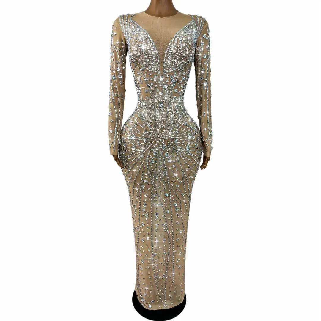 

Yanhua Nude Mesh Rhinestone Mermaid Maxi Dress Long Sleeve Evening Gown for Women Party Stage Performance