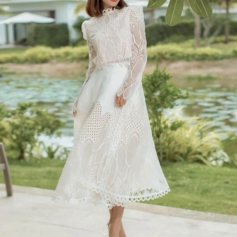 White Lace Blouses + High Waisted Skirts Women  Elegant Vintage 2 Piece Sets Ladies Party Embroidery Flower Design 2 Sets