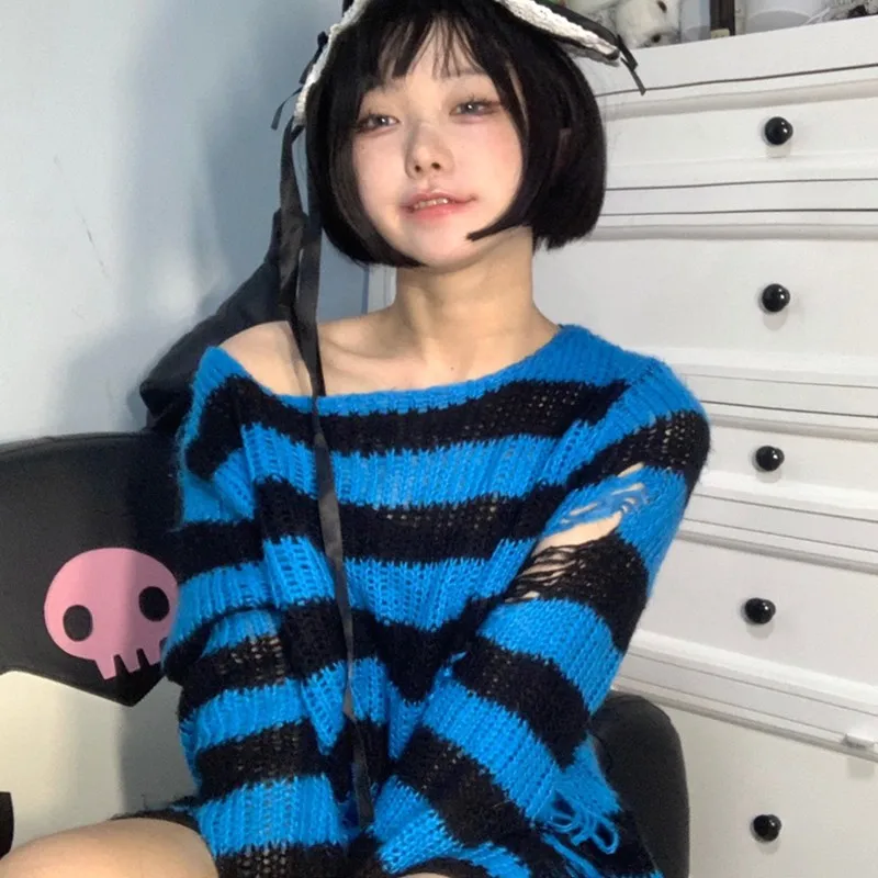 Karrram Japanese Harajuku Kawaii Pullover Y2k Aesthetics Hollow Out Striped Sweater 2000s E-girl Cute Knit Jumpers Fairy Grunge