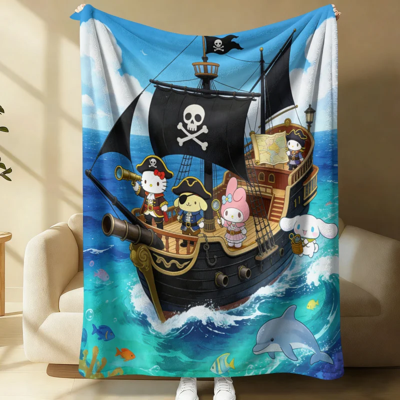 Cute Sanrio Pirate Ship Flannel Blanket Soft Warm Fluffy Throw For Home Decor Couch Bed Cover Lightweight Summer Nap Blanket
