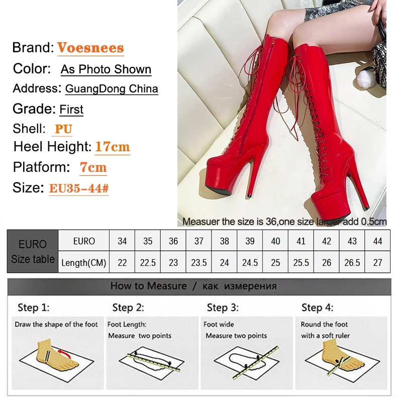 Platform Women Boots 17CM 2023Spring/Autumn Waterproof Bright Patent Leather Plus Size Knee-High Boots Tacones Mujer Talon Femme