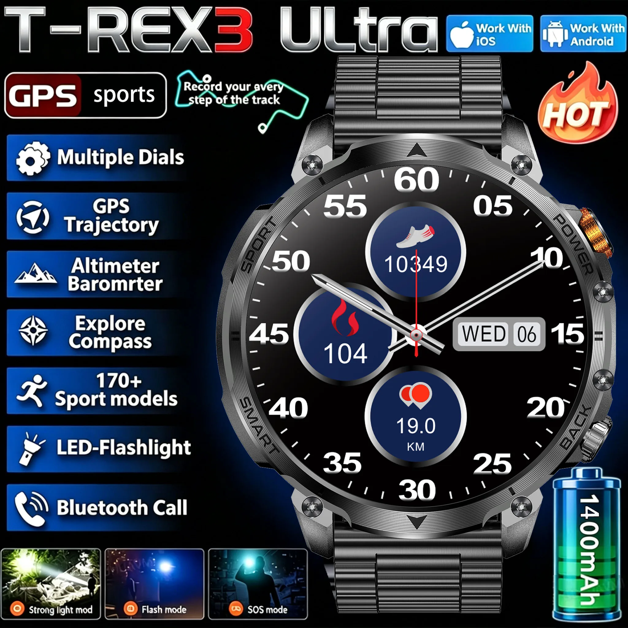 Image of 2026 Neue Heiße Taschenlampe Herren Smartwatch Kompass 1400 mAh BT-Anruf GPS Fitness IP68 Wasserdicht Modische Smartwatch für Urlaubsgeschenke