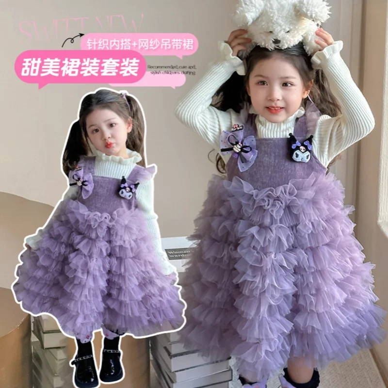 

Популярный комплект юбки Sanrio Hello Kitty, свитер из двух предметов, милая модная детская одежда принцессы в стиле вестерн для девочек Kuromi, осень-зима, новый стиль