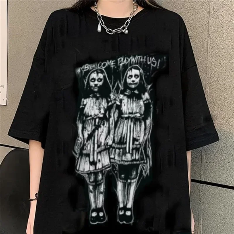 COTTON Women Gothic T Shirt Creepy Twin Girls Skull Printed Harajuku Novelty Clothing Tops Mutated Rock T-shirt Women Clothes