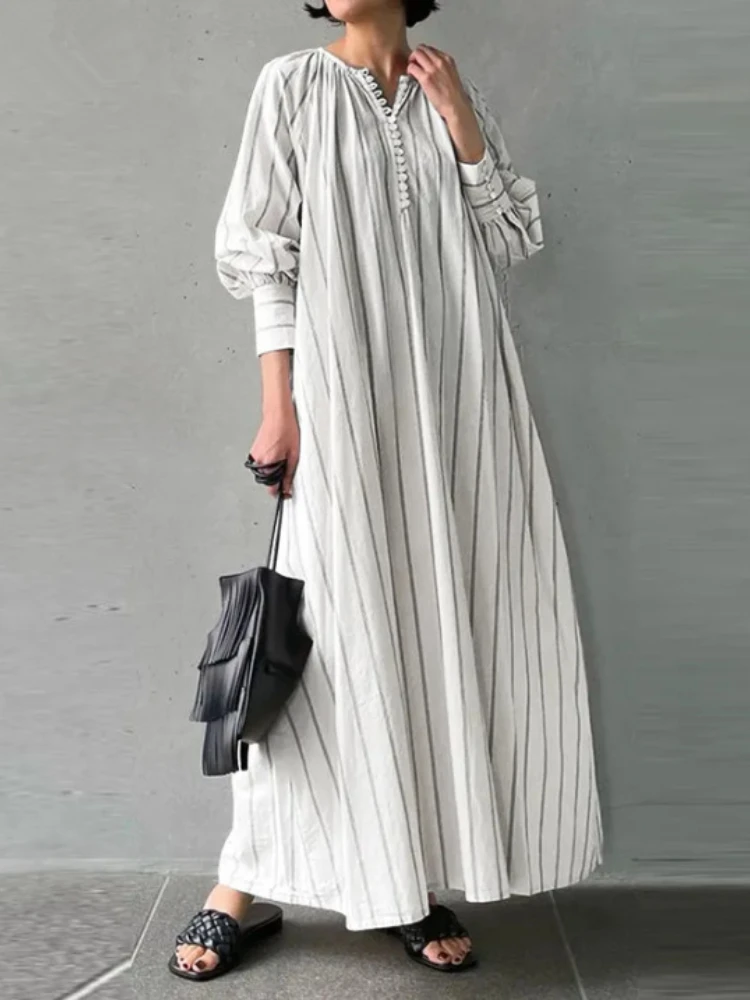 

2023 Summer New Dress Fashion Cotton Striped Loose Casual Irregular Streetwear Oversize Robe Women's Elegant Long Dress