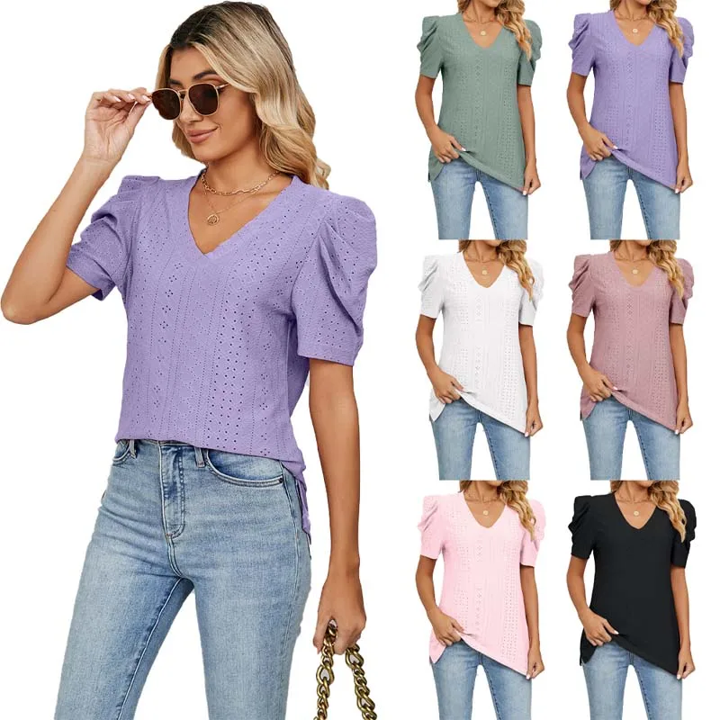 

2023 New Trendy Spring and Summer Solid Color Loose Hollow Out V-neck Bubble Short Sleeve T-shirts Top for Women