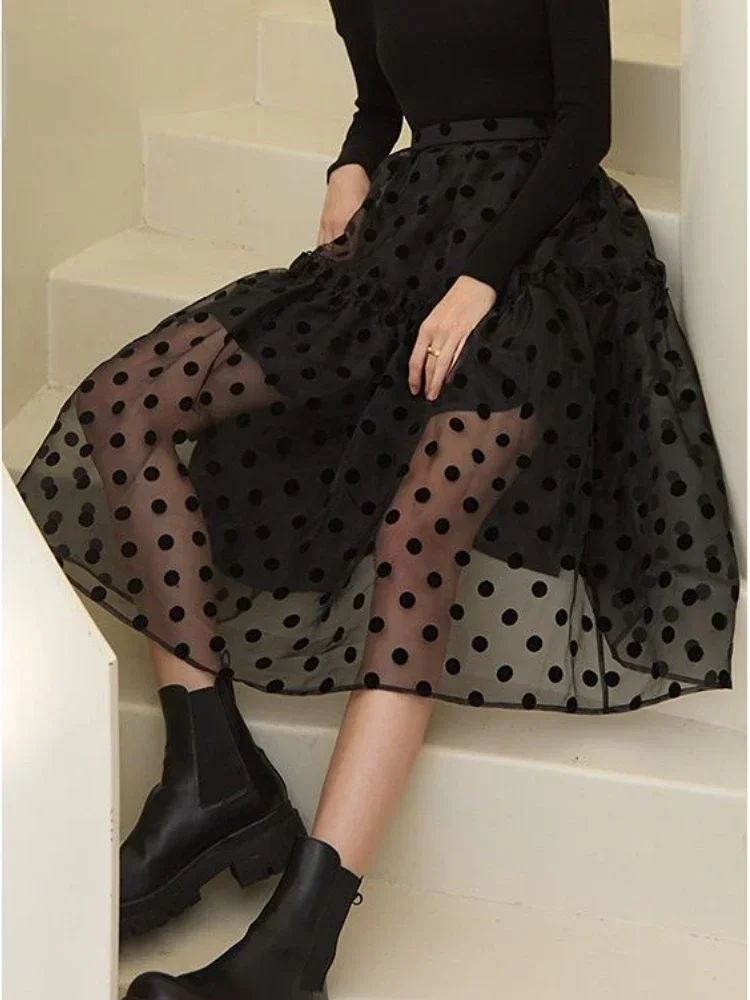 Black Mesh Dot Skirts Women Tender High Waist Sweet Lovely Party Females Gown Mid Skirt All-match French Style Vintage Faldas