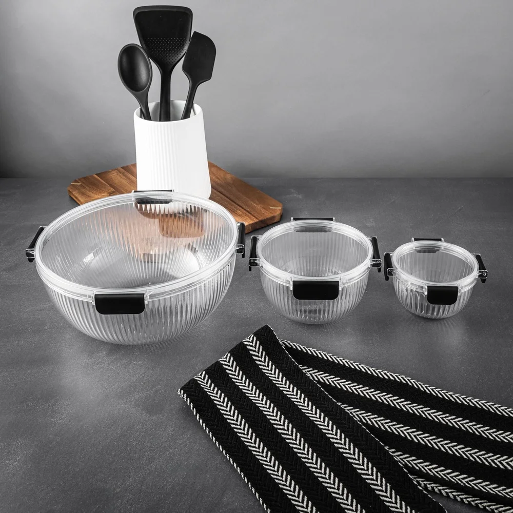 Set Mangkuk Pencampur Plastik 6 Buah dengan Tutup Kedap Udara Desain Bersarang Wadah Penyimpanan Dapur Berusuk Bening Tahan Pecah