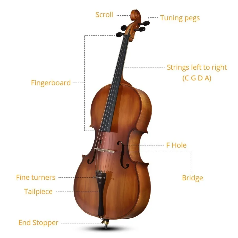 4/4 Matte Natural Color BASSWOOD Panel Cello with Bag Bow, Classical Music, Orchestra Instrument, Vintage Cello, Classic Look - view 6