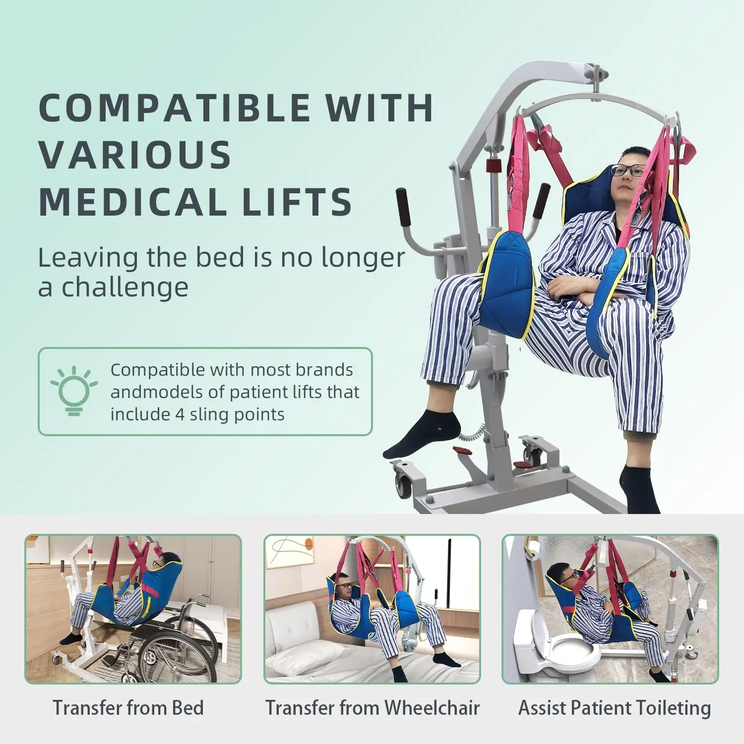 Full Body Lift Sling, Commode Opening, Split Leg Toileting, 5 Handles & 6 Straps, Head/Back Support, Fits Most Lifts