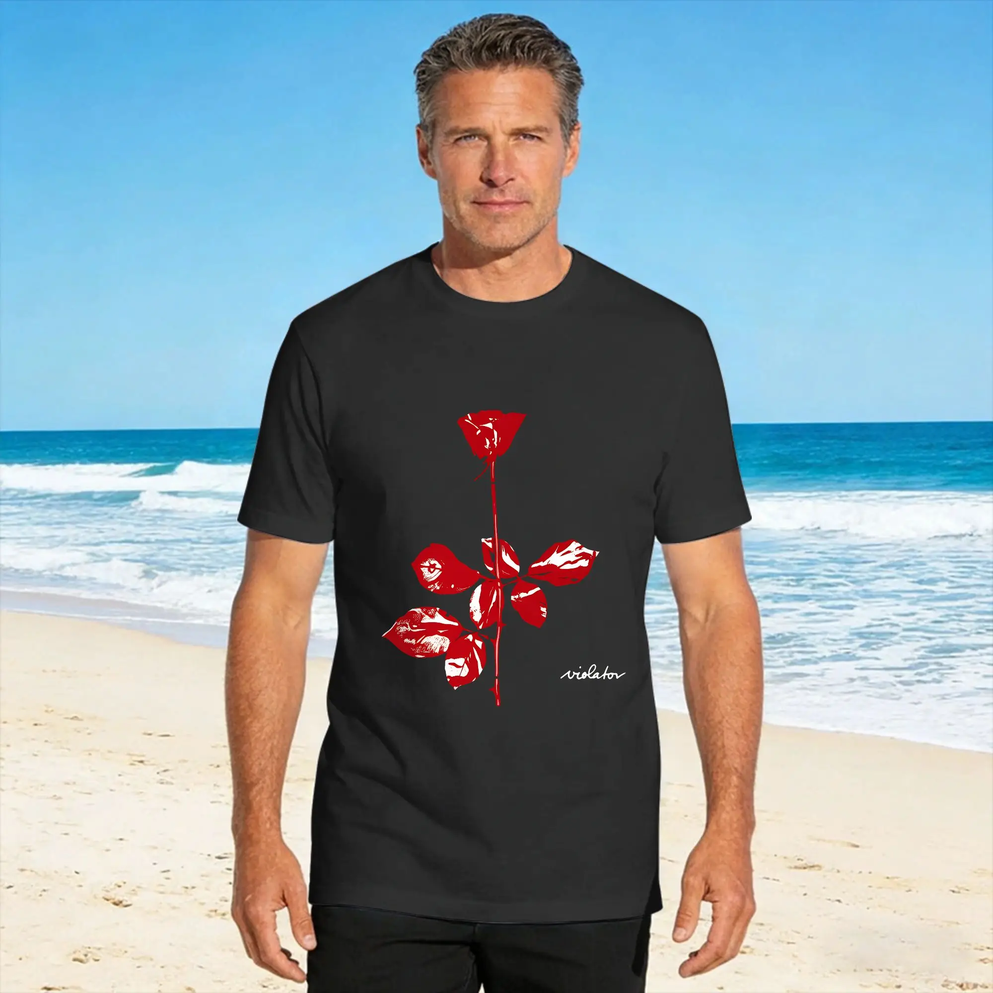 Men T-Shirts Red Flowers Violator Album Creative Pure Cotton Tee Shirt Short Sleeve  T Shirts Crewneck Clothing Plus Size