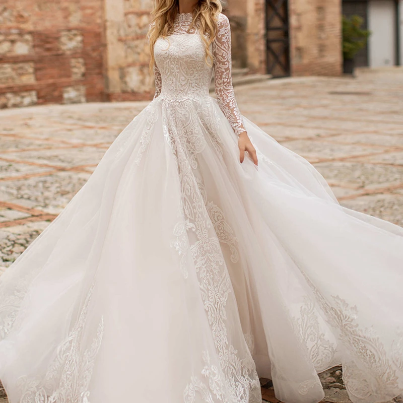 

Luxury Princess Wedding Dress Customized Long Sleeve Modest Vestidos De Novia Appliques Vestido De Noiva Lace Robe De Mariée