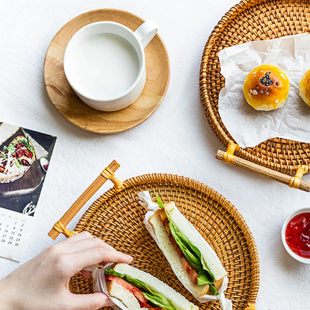 1 قطعة الروطان المنسوجة 28X3.5 سنتيمتر متوسطة وجبة خفيفة سلة التخزين المحمولة سلة النزهة للأغذية الحلويات الكوكيز ديكورات منزلية لحفل الزفاف #3