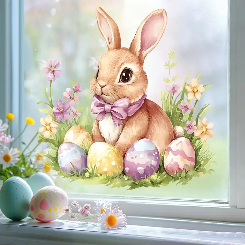Easter Bunny And Flower Stickers Removable Waterproof PVC Decals For Living Room Balcony Window Decor Easter Party Decoration