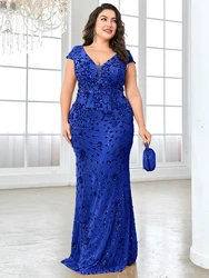 BLUEPLUM Plus Size Elegant Blue Evening Dress For Women 2024 Luxury Long Mermaid Formal Sequins V-neck Prom Wedding Party Gown