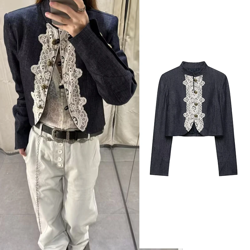 Women's Jackets Autumn 2026 New Fashion Stitching Lace Slim Short Jackets Women's Autumn Street Youth Chic Warm Coats Blouse
