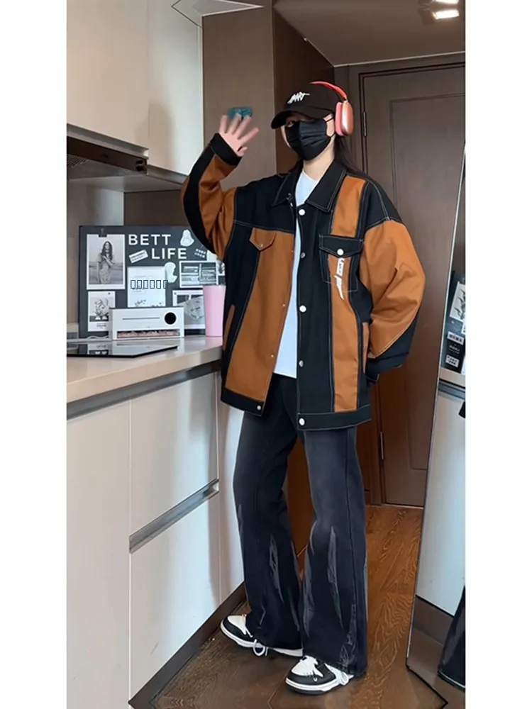 

Мужская куртка в стиле ретро-джинсовый кэжуал, весна-осень, в американском стиле, с цветными вставками и воротником, рабочая одежда