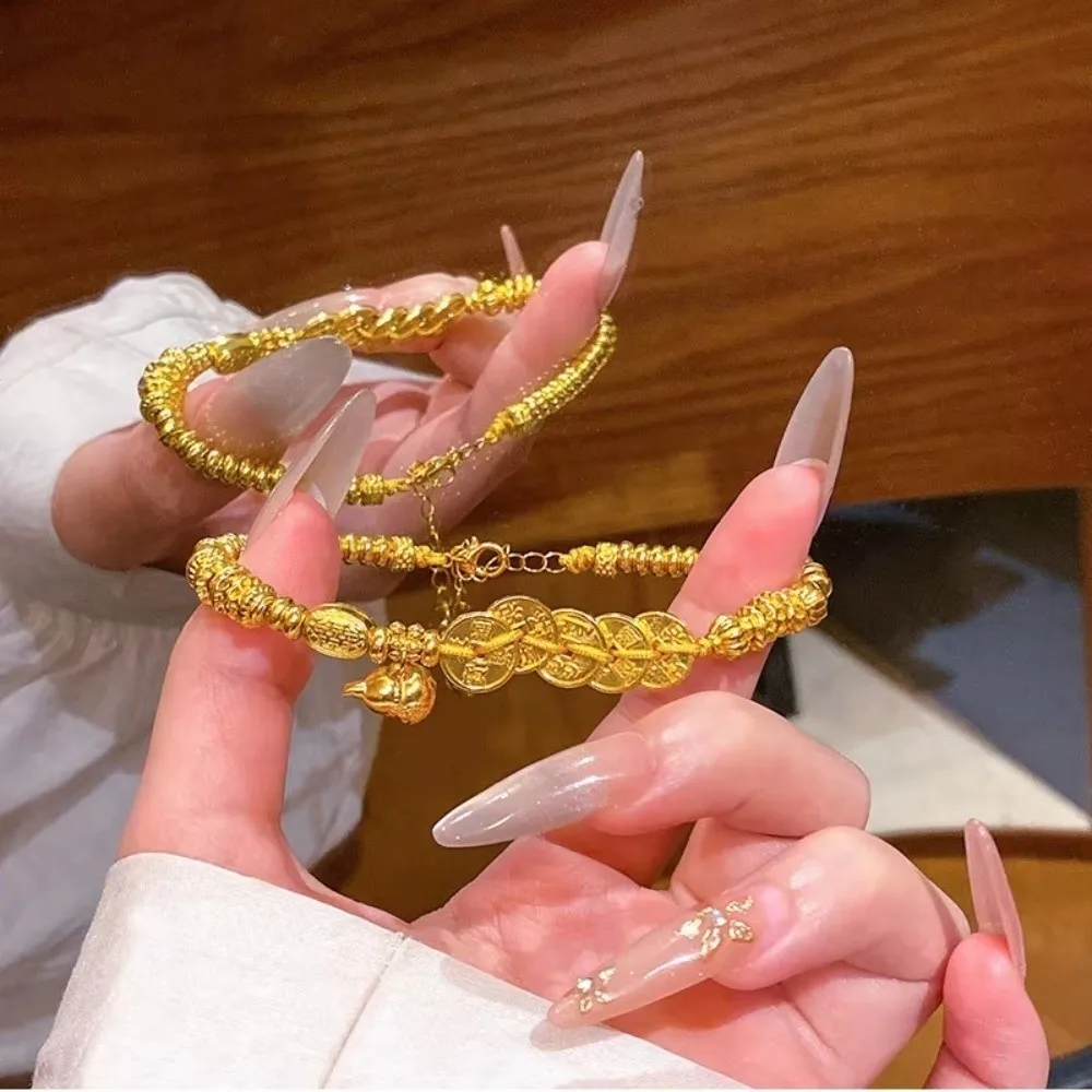 Retro Brushed Finish Coin Pendant Bracelet Gold Color Exquisite Bead Bracelet Jewelry Gift Chinese Style Bracelet For Women