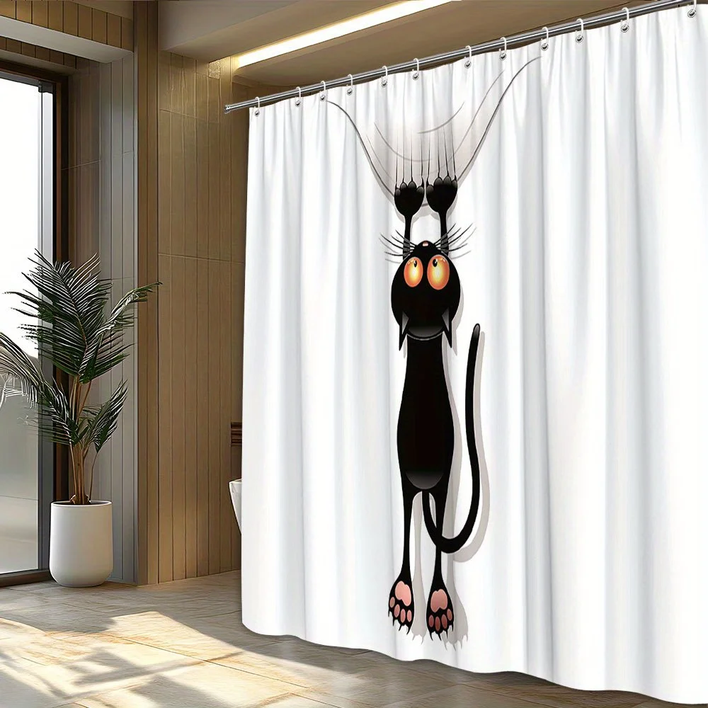 1pc Polyester Shower Curtain, Black Cat Cartoon Design with Orange Eyes, Humorous Surprise Pose, Minimalist White Background, Wo