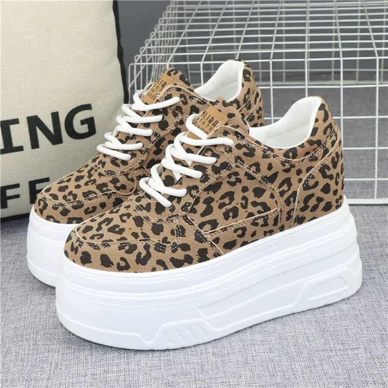 Fashion Sexy Women Platform Leopard Casual Sneakers New Autumn Winter Outdoor Sport Style Round Toe Design 12cm High-Heel Shoes