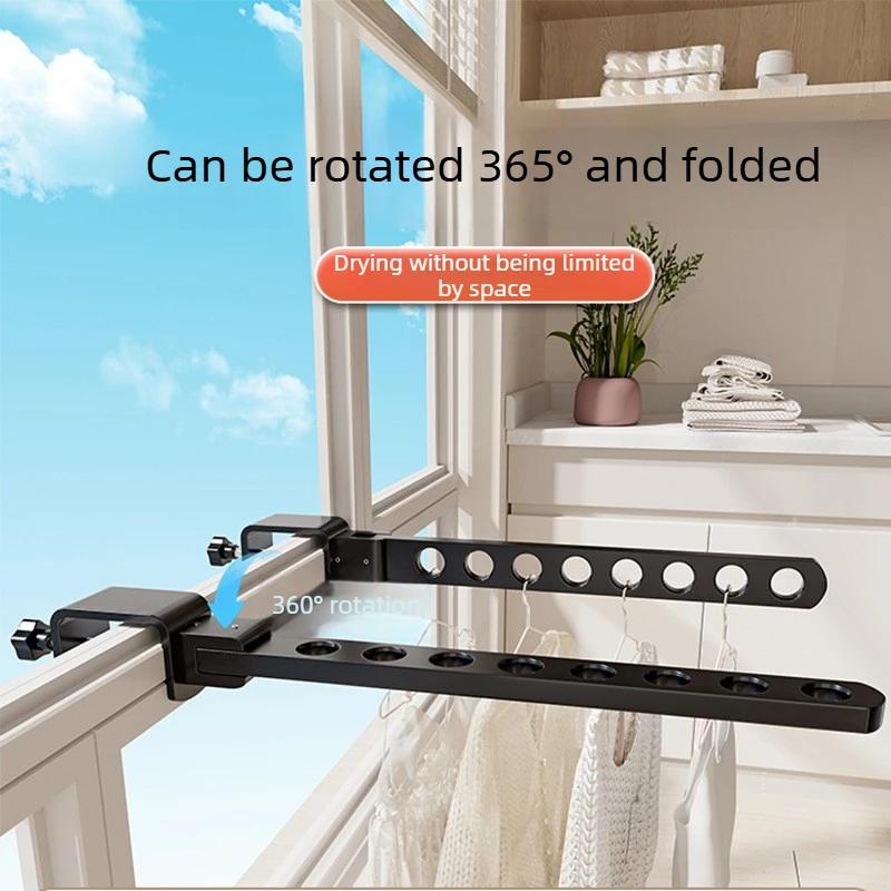 Oldable Rotatable Black Clothe Rack Wall Mounted Hanger Aluminum Space Saving Drying Rack For Balcony Window Clothe Organization