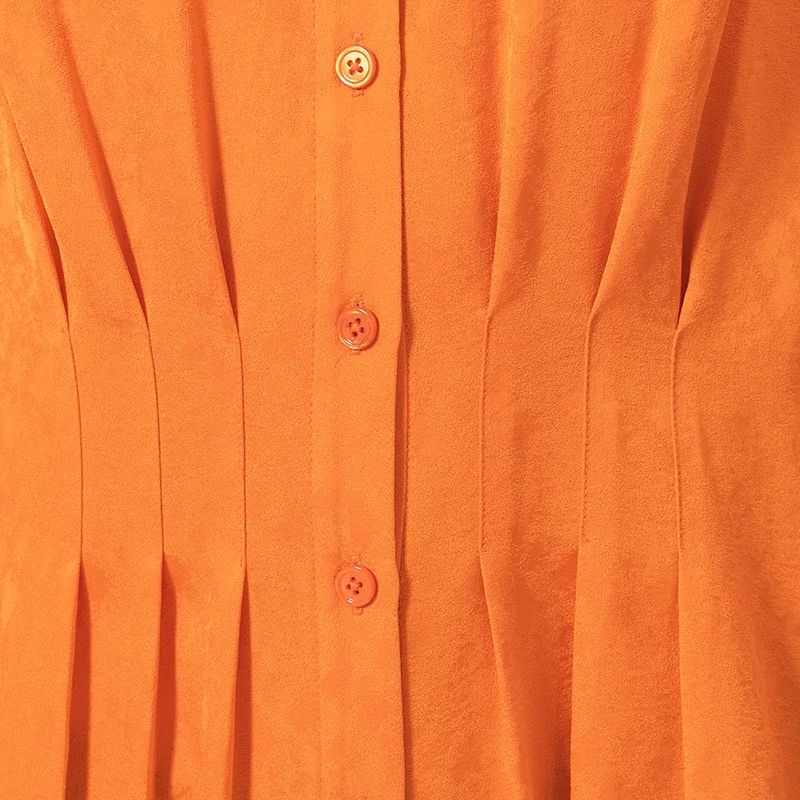 VOA خريف جديد أنيق الحرير الجاكار سعيد برتقالي بولو طوق أضعاف واحدة الصدر الراتنج بلون قميص الإناث بلايز BE815