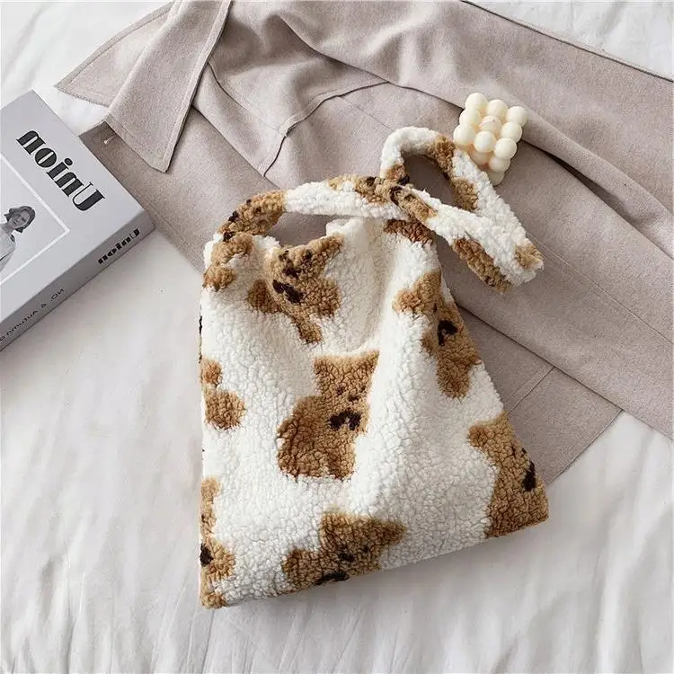 Women Lamb Like Fabric Shoulder Tote Bag Canvas Fluffy Fur Bear Handbags Large Capacity Soft Shopping Bags Girls Cute School Bag