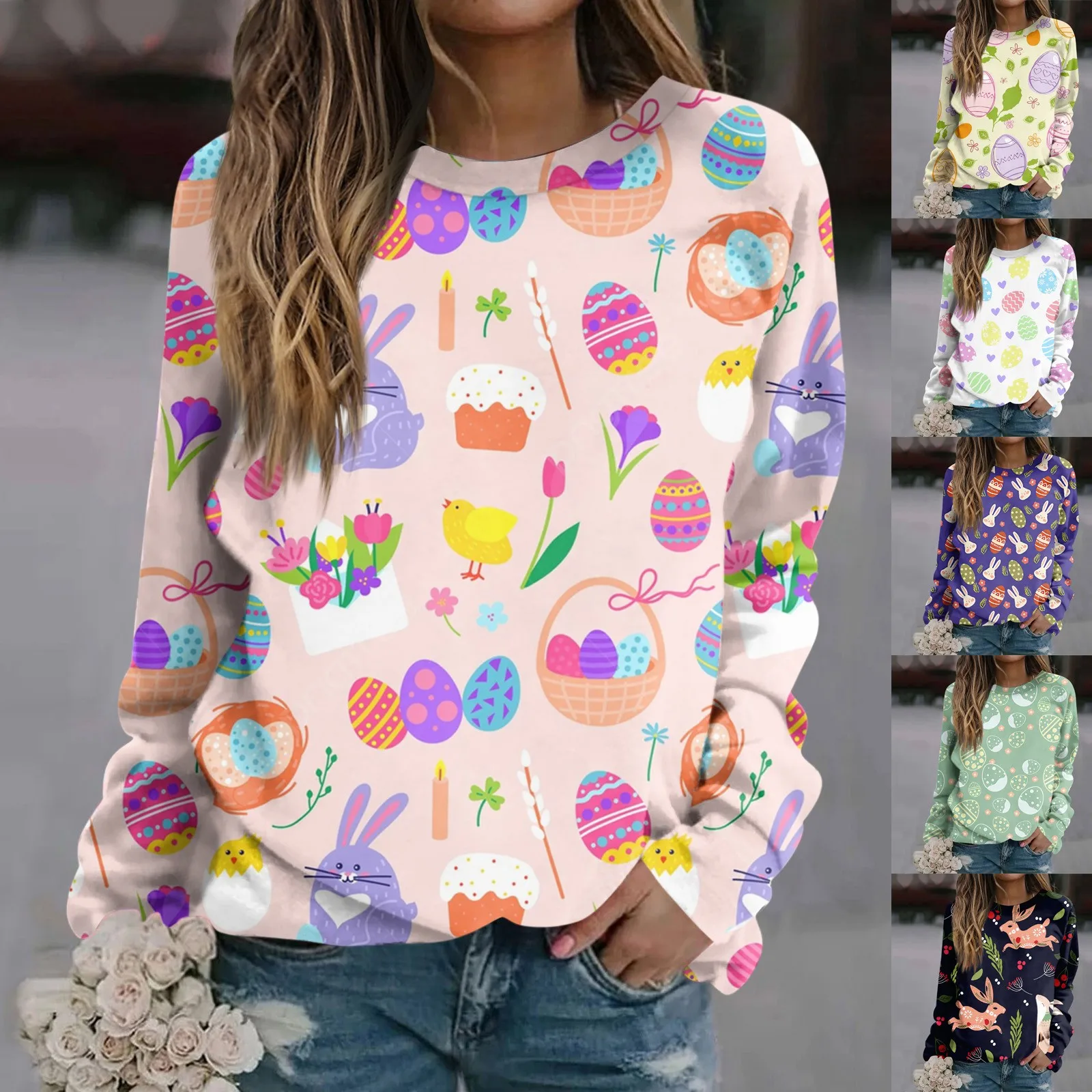 Easter T Shirt Kawaii Print long sleeve Tops Fashion Casual Women Tee Easter Eggs Tees Oversized T-Shirt Ropa Mujer