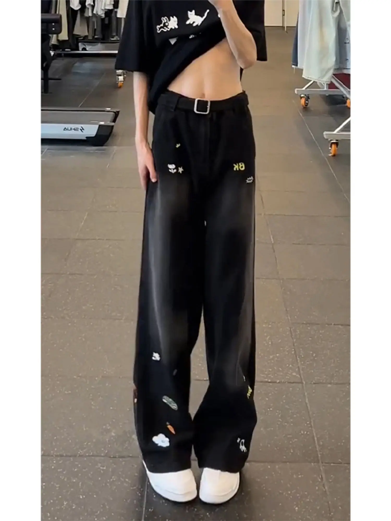 Cartoon Embroidered Black Knife  Jeans Men Women Style American Vibe Washed Straight Leg Micro Flared Trousers