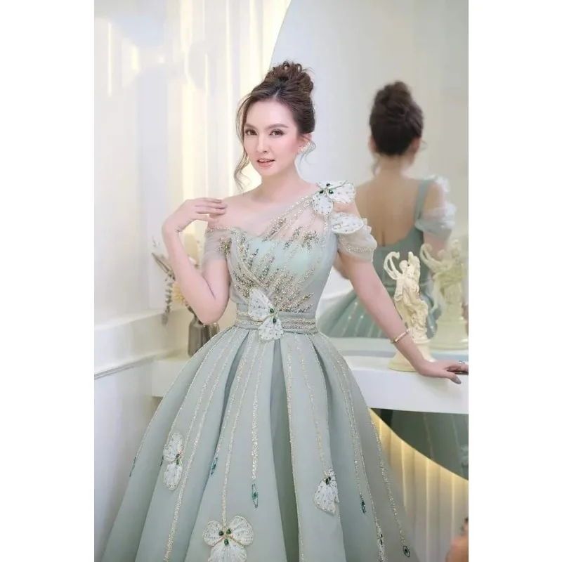 Lichtgroen een schouder galajurk gezwollen gaas baljurk luxe kralen strik formele avondjurk vestidos de fiesta op maat