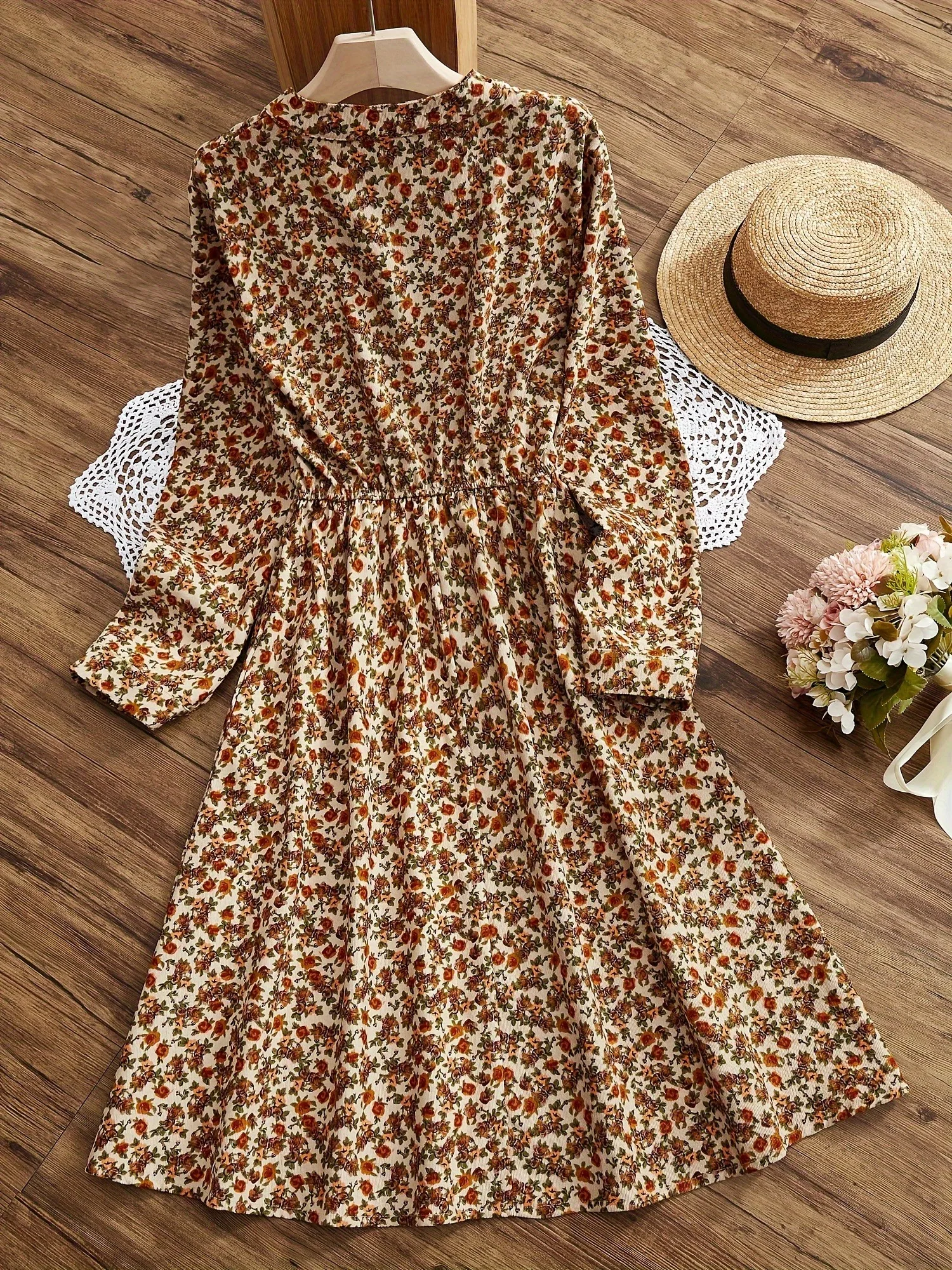 Prairie Chic Elastic Waistline Dress 2024 Spring Floral Printed Female Vintage Women Casual Midi Autumn Dress Corduroy Vestidos