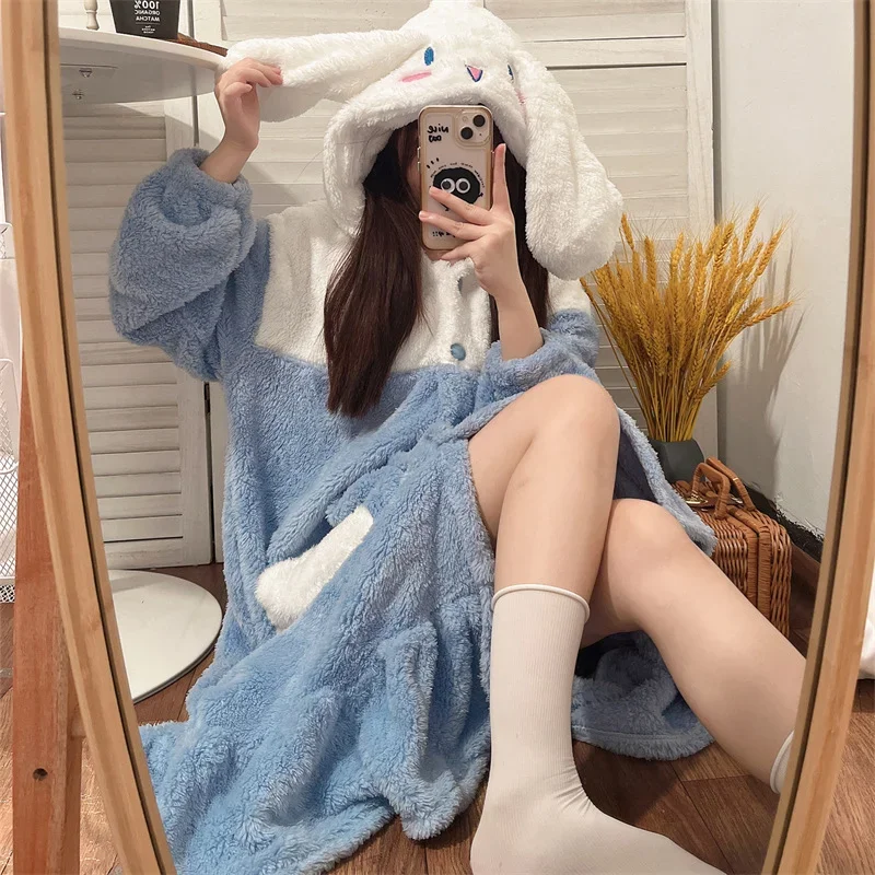 Yugui dog pajamas winter coral fleece hooded warm women's nightgown cartoon Sanrio loungewear loose Yugui dog women's pajamas