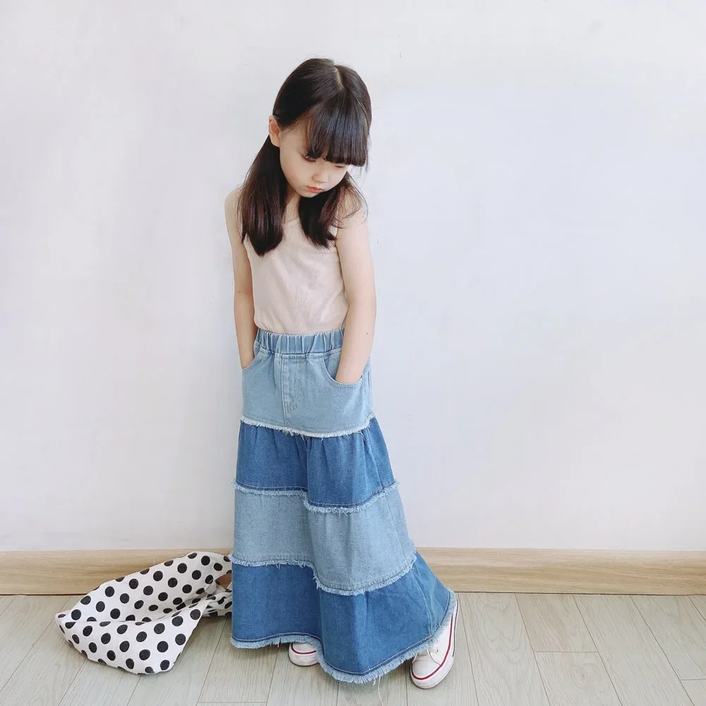 Children's Skirts For Girl Summer 2024 Girls' Skirt High Waist Midi Long Length Patchwork Denim Skirts Blue Teen Clothes